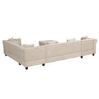 Chesterfield Sectional Sofa with Ottoman and 6 Pillows U-Shape Linen Fabric Sofa with Chaise and Rubberwood Legs for Living Room