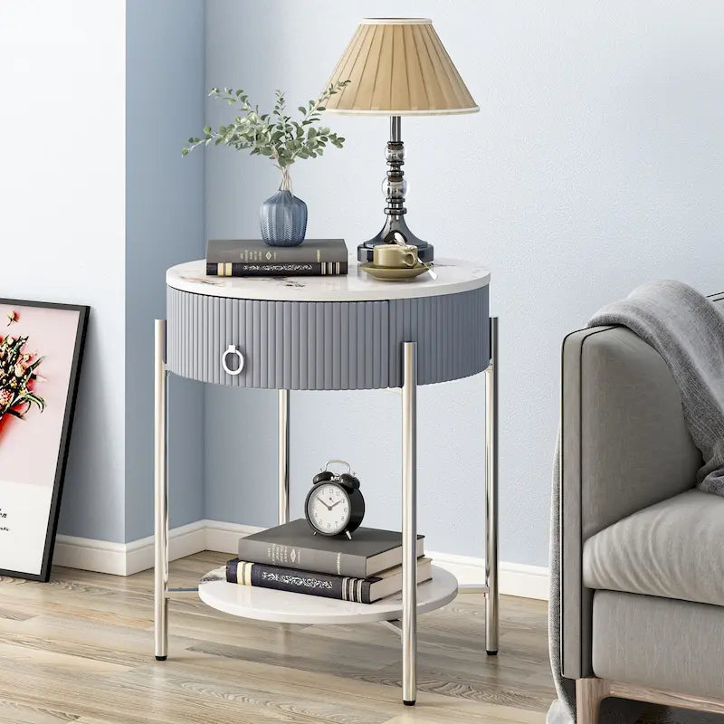 Myhozm Modern End Table with Storage Drawer, Round Nightstand with Metal Legs for Living Room, Bedroom, Office
