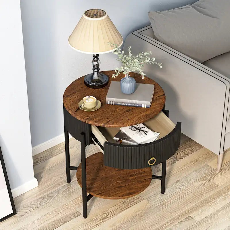 Myhozm Modern End Table with Storage Drawer, Round Nightstand with Metal Legs for Living Room, Bedroom, Office