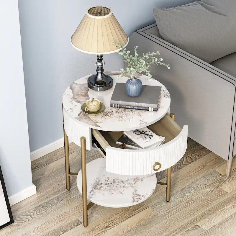Myhozm Modern End Table with Storage Drawer, Round Nightstand with Metal Legs for Living Room, Bedroom, Office