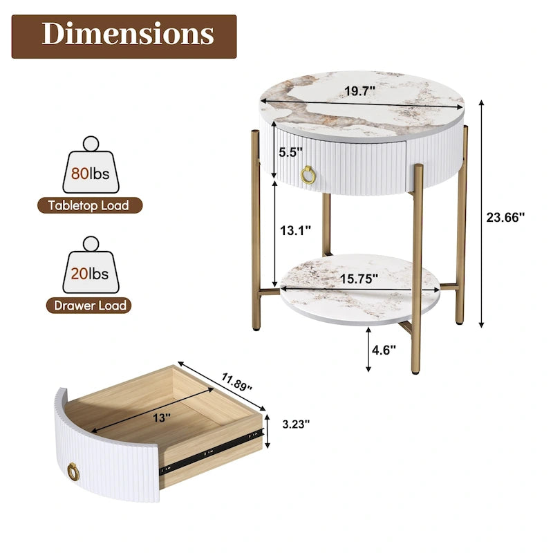 Myhozm Modern End Table with Storage Drawer, Round Nightstand with Metal Legs for Living Room, Bedroom, Office