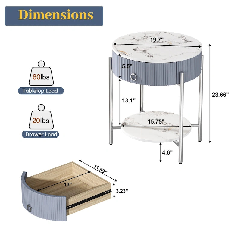 Myhozm Modern End Table with Storage Drawer, Round Nightstand with Metal Legs for Living Room, Bedroom, Office