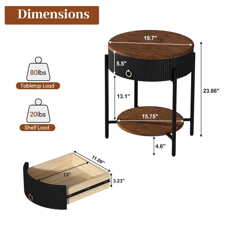 Myhozm Modern End Table with Storage Drawer, Round Nightstand with Metal Legs for Living Room, Bedroom, Office