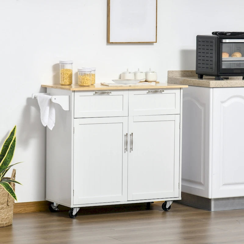 HOMCOM Îlot de cuisine roulant moderne 41, chariot de service de cuisine avec dessus en bois d'hévéa, 2 tiroirs et porte-serviettes