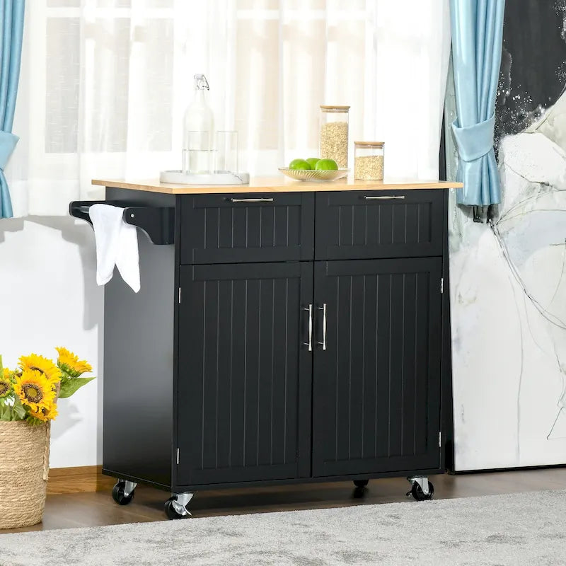 HOMCOM Îlot de cuisine roulant moderne 41, chariot de service de cuisine avec dessus en bois d'hévéa, 2 tiroirs et porte-serviettes