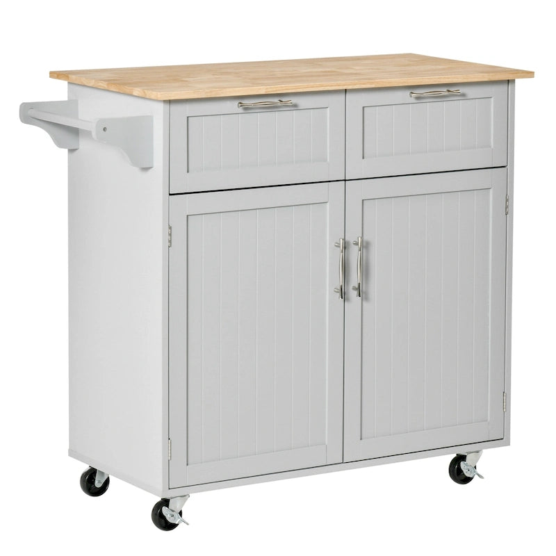 HOMCOM 41 Modern Rolling Kitchen Island, Kitchen Storage Utility Cart Trolley with Rubberwood Top, 2 Drawers, and Towel Rack