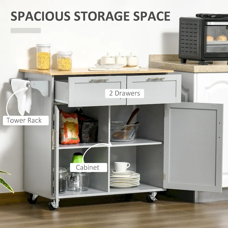 HOMCOM 41 Modern Rolling Kitchen Island, Kitchen Storage Utility Cart Trolley with Rubberwood Top, 2 Drawers, and Towel Rack
