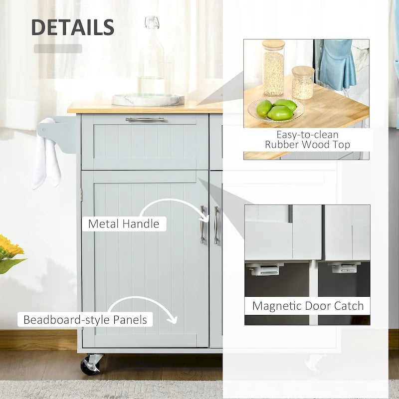 HOMCOM 41 Modern Rolling Kitchen Island, Kitchen Storage Utility Cart Trolley with Rubberwood Top, 2 Drawers, and Towel Rack