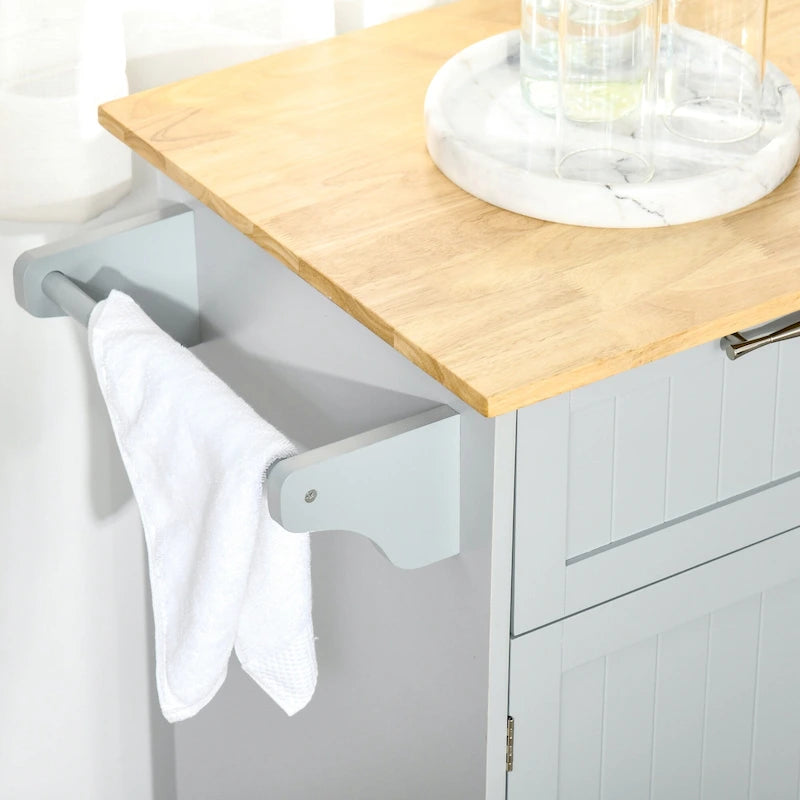 HOMCOM 41 Modern Rolling Kitchen Island, Kitchen Storage Utility Cart Trolley with Rubberwood Top, 2 Drawers, and Towel Rack