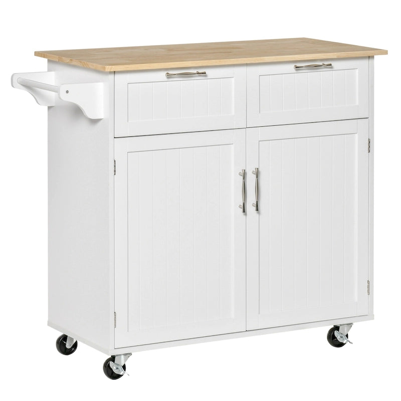 HOMCOM 41 Modern Rolling Kitchen Island, Kitchen Storage Utility Cart Trolley with Rubberwood Top, 2 Drawers, and Towel Rack