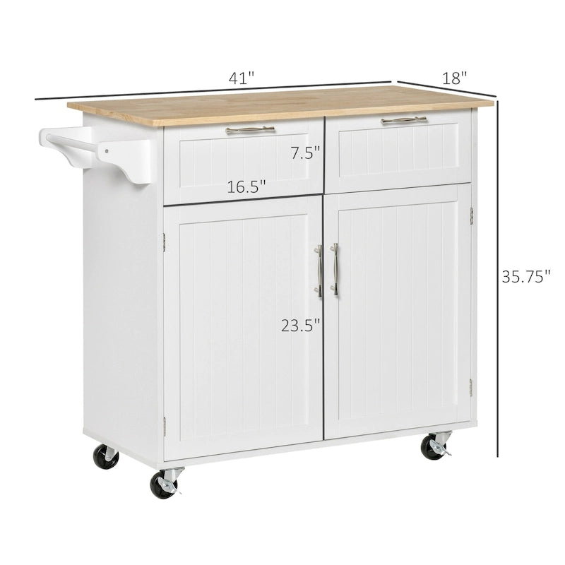 HOMCOM 41 Modern Rolling Kitchen Island, Kitchen Storage Utility Cart Trolley with Rubberwood Top, 2 Drawers, and Towel Rack