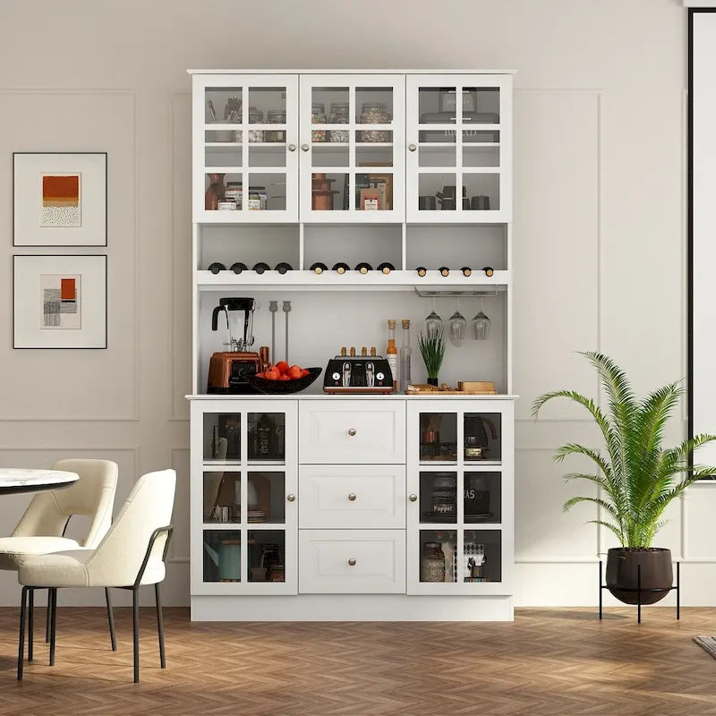 79Armoire de Rangement de Cuisine avec Portes Vitrées, Buffet Laqué