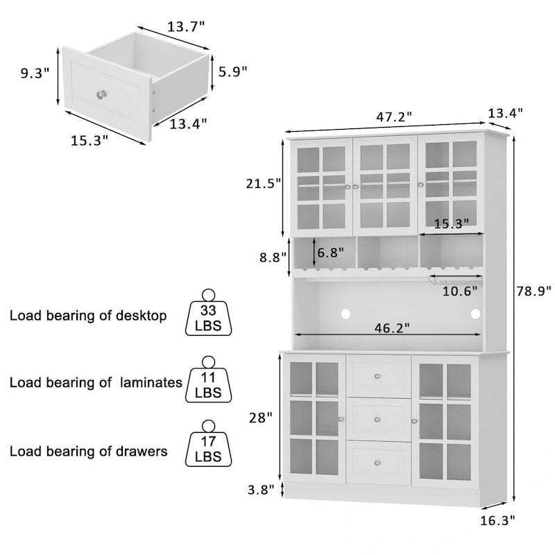 79Armoire de Rangement de Cuisine avec Portes Vitrées, Buffet Laqué