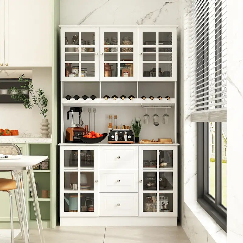 79Armoire de Rangement de Cuisine avec Portes Vitrées, Buffet Laqué