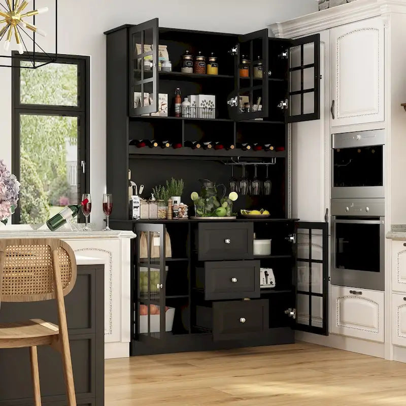 79Armoire de Rangement de Cuisine avec Portes Vitrées, Buffet Laqué