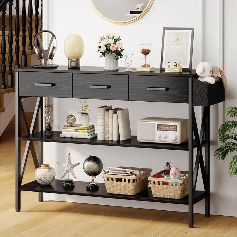 Console Table with 3 Drawers, Entryway Sofa Table with 3 Tier Storage Shelves