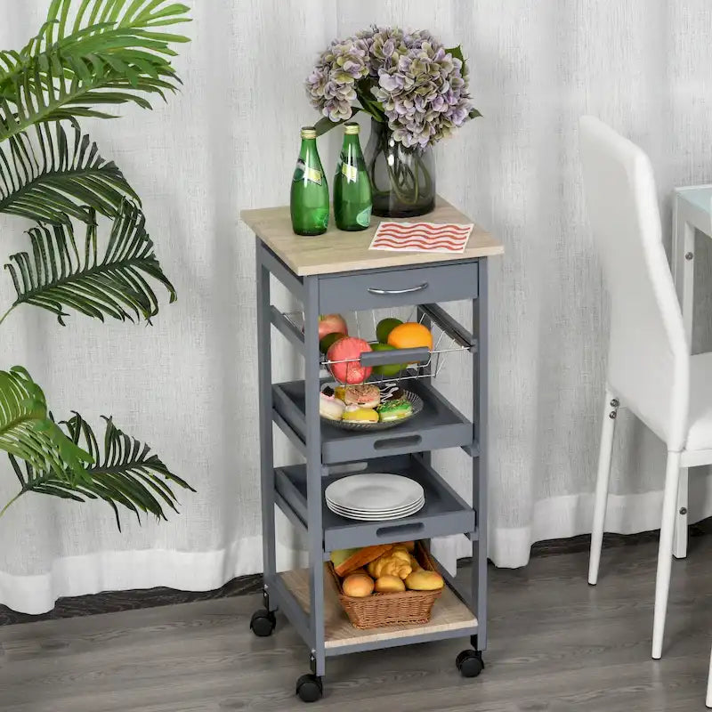 HOMCOM Chariot de cuisine roulant mobile avec tiroir et panier de rangement coulissant