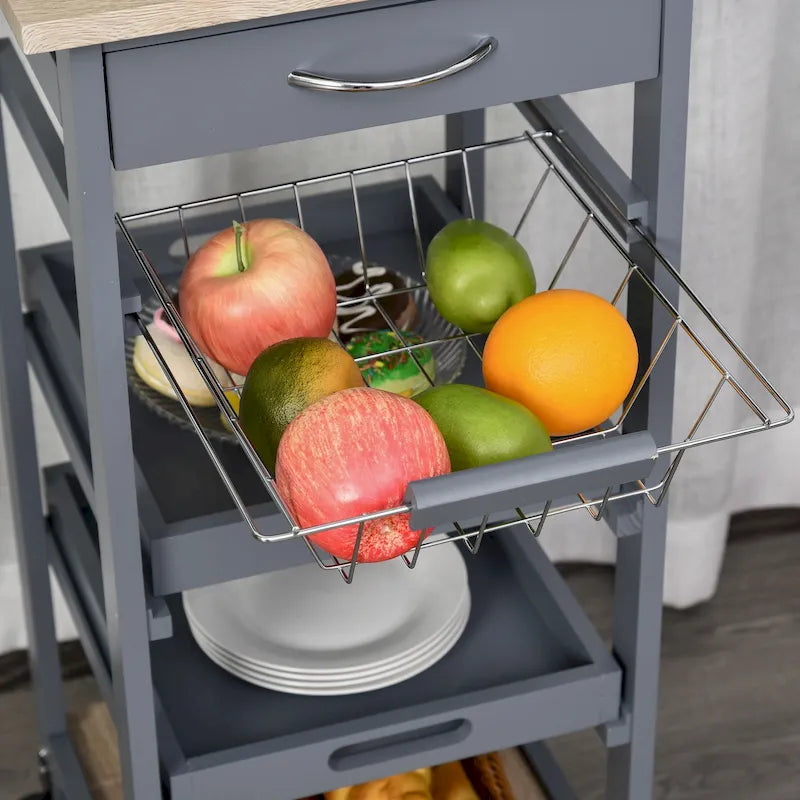HOMCOM Mobile Rolling Kitchen Island Trolley Serving Cart with Underneath Drawer & Slide-Out Wire Storage Basket