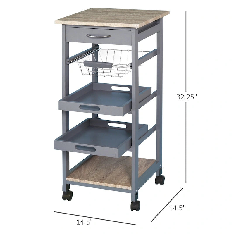 HOMCOM Mobile Rolling Kitchen Island Trolley Serving Cart with Underneath Drawer & Slide-Out Wire Storage Basket