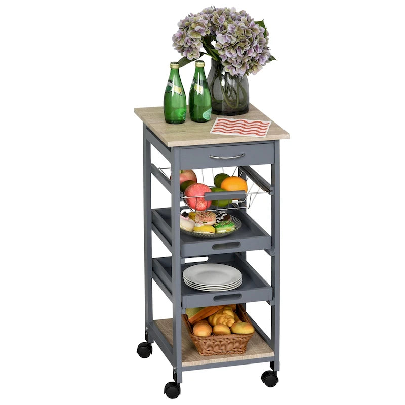 HOMCOM Mobile Rolling Kitchen Island Trolley Serving Cart with Underneath Drawer & Slide-Out Wire Storage Basket