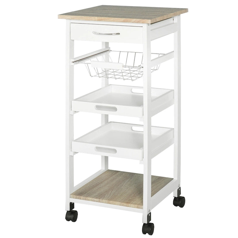 HOMCOM Mobile Rolling Kitchen Island Trolley Serving Cart with Underneath Drawer & Slide-Out Wire Storage Basket