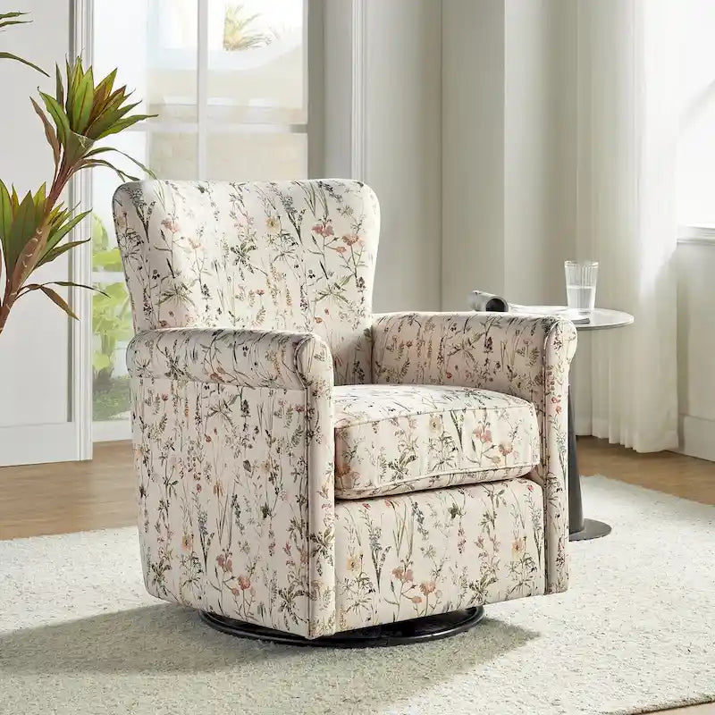 Georg Comfortable Floral Fabric Swivel Rocker Chair with Rolled Armrest by HULALA HOME