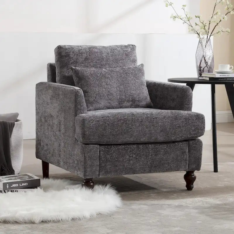 Fauteuil HOMEFUN en chenille avec accoudoirs en bois, style moderne du milieu du siècle, pour salon