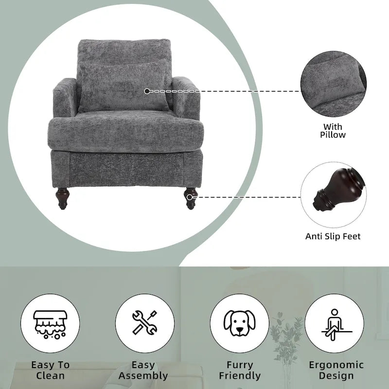 Fauteuil HOMEFUN en chenille avec accoudoirs en bois, style moderne du milieu du siècle, pour salon