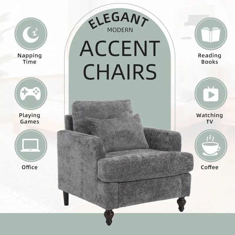 Fauteuil HOMEFUN en chenille avec accoudoirs en bois, style moderne du milieu du siècle, pour salon