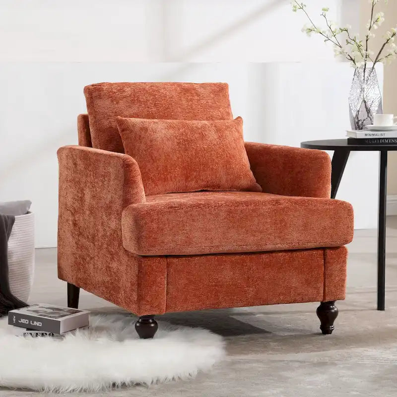 Fauteuil HOMEFUN en chenille avec accoudoirs en bois, style moderne du milieu du siècle, pour salon
