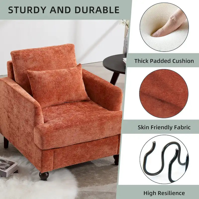 Fauteuil HOMEFUN en chenille avec accoudoirs en bois, style moderne du milieu du siècle, pour salon