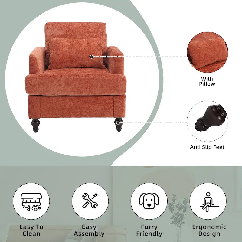Fauteuil HOMEFUN en chenille avec accoudoirs en bois, style moderne du milieu du siècle, pour salon