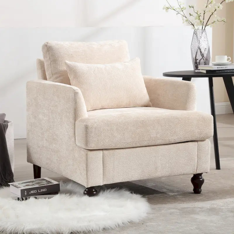 Fauteuil HOMEFUN en chenille avec accoudoirs en bois, style moderne du milieu du siècle, pour salon
