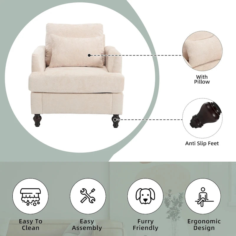 Fauteuil HOMEFUN en chenille avec accoudoirs en bois, style moderne du milieu du siècle, pour salon