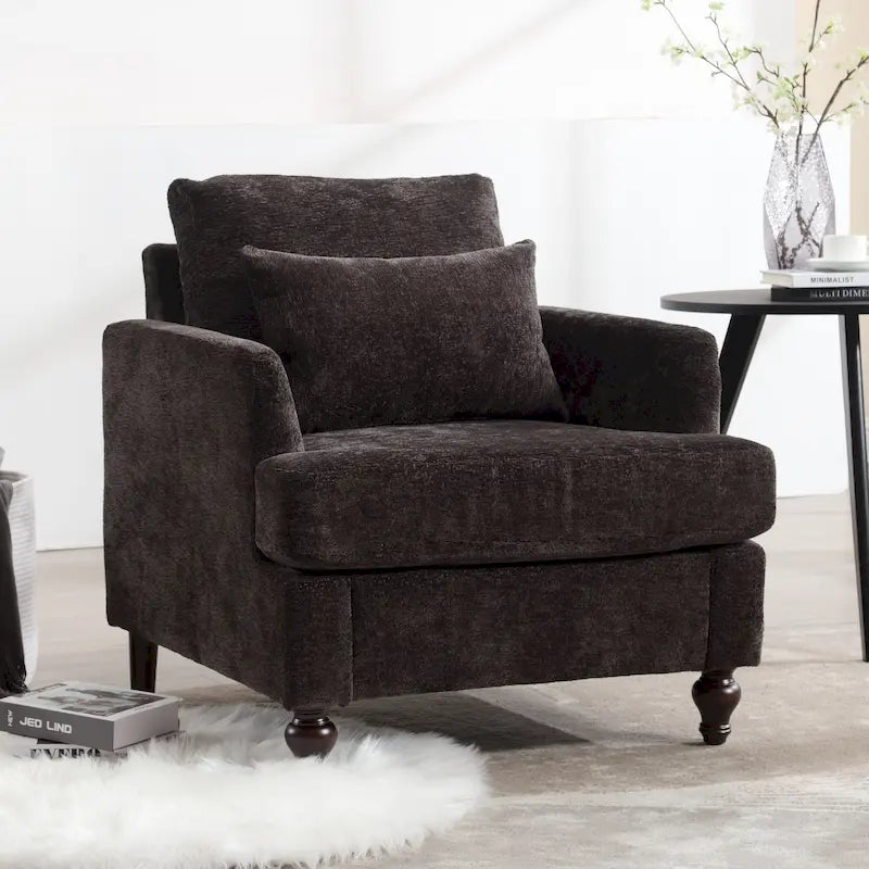 Fauteuil HOMEFUN en chenille avec accoudoirs en bois, style moderne du milieu du siècle, pour salon