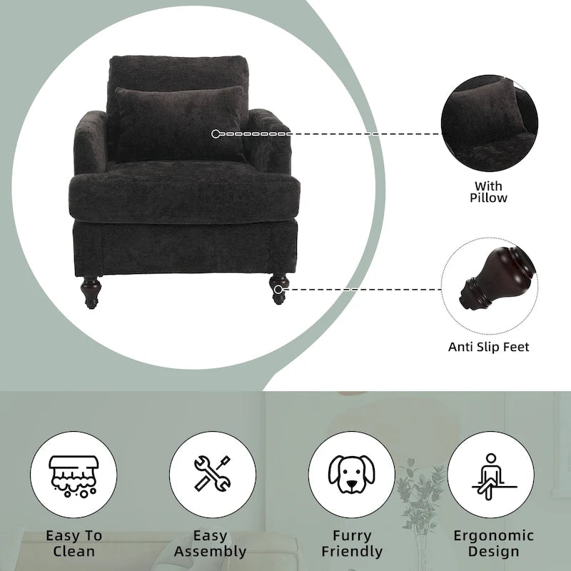 Fauteuil HOMEFUN en chenille avec accoudoirs en bois, style moderne du milieu du siècle, pour salon