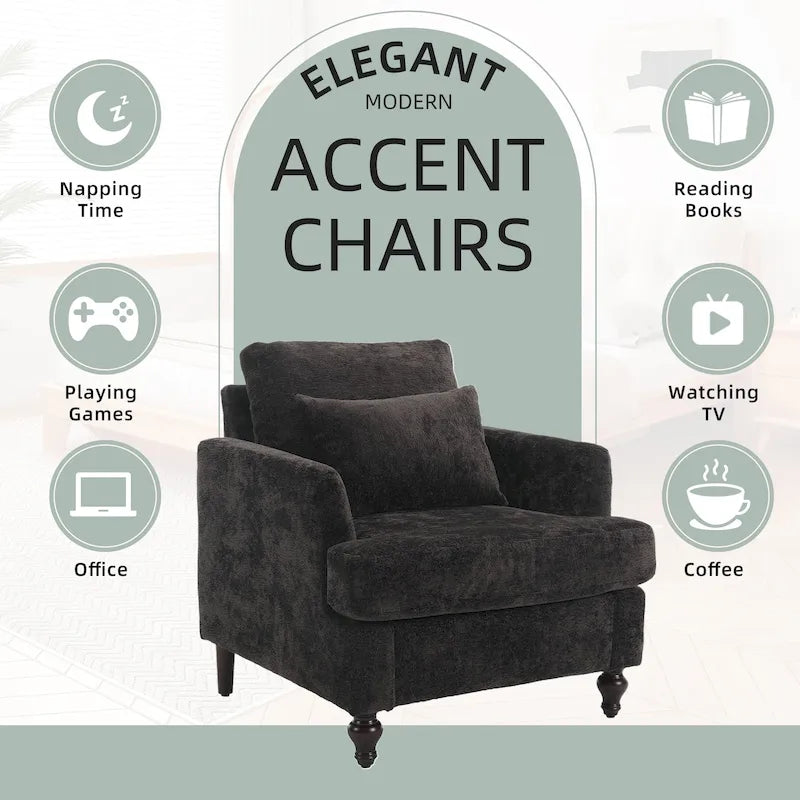 Fauteuil HOMEFUN en chenille avec accoudoirs en bois, style moderne du milieu du siècle, pour salon