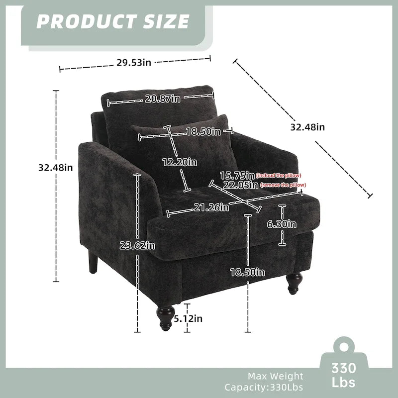 Fauteuil HOMEFUN en chenille avec accoudoirs en bois, style moderne du milieu du siècle, pour salon
