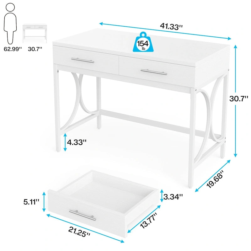 Modern Computer Writing Desk with 2 Drawers, White and Gold Home Office Desk, Makeup Vanity Table