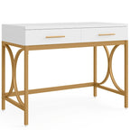 Modern Computer Writing Desk with 2 Drawers, White and Gold Home Office Desk, Makeup Vanity Table