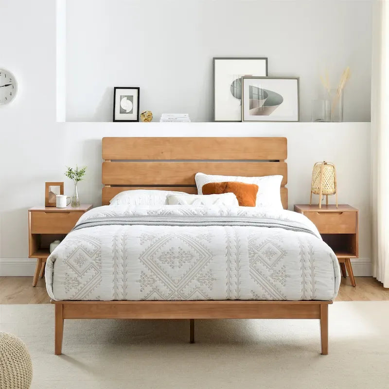MUSEHOMEINC Low Profile Modern Wooden Platform Bed with Adjustable Height Headboard for Bedroom, Wooden Bed Frame with Headboard