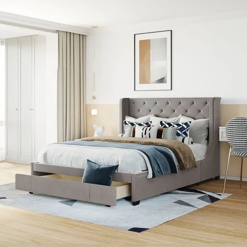 Queen Size Platform Bed with Wingback Headboard and a Big Drawer