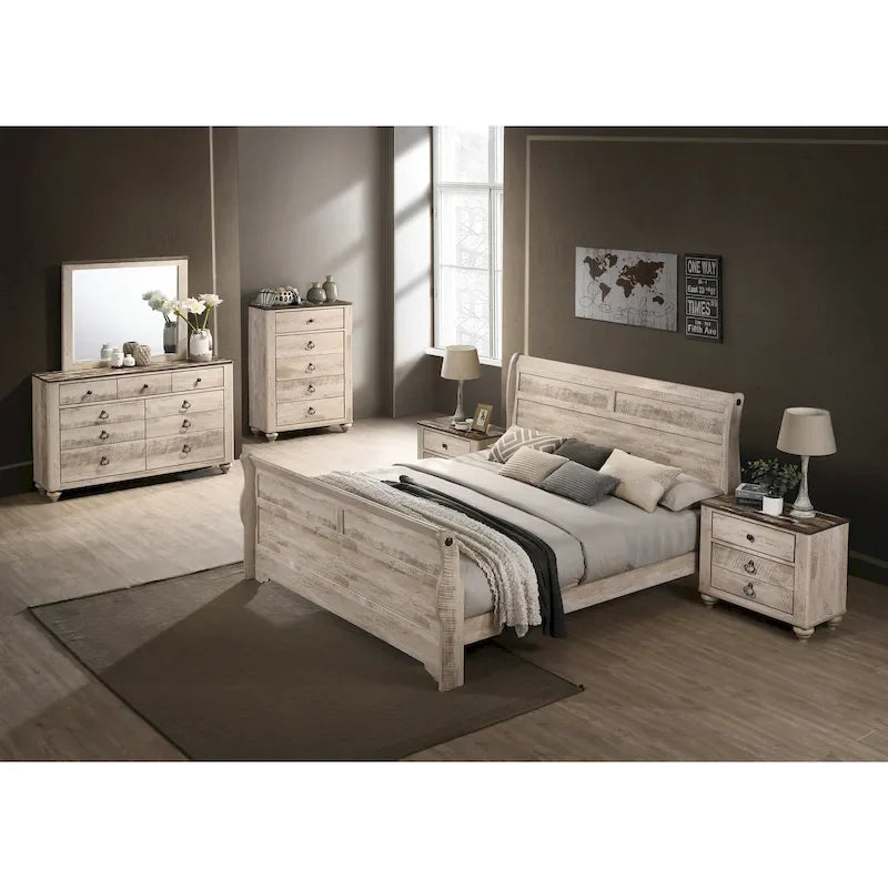 Ensemble de chambre à coucher Roundhill Furniture Imerland avec finition blanchie contemporaine, lit traîneau, commode, miroir, deux tables de chevet, chiffonnier