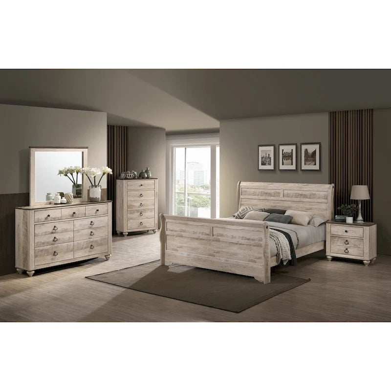 Ensemble de chambre à coucher Roundhill Furniture Imerland avec finition blanchie contemporaine, lit traîneau, commode, miroir, deux tables de chevet, chiffonnier