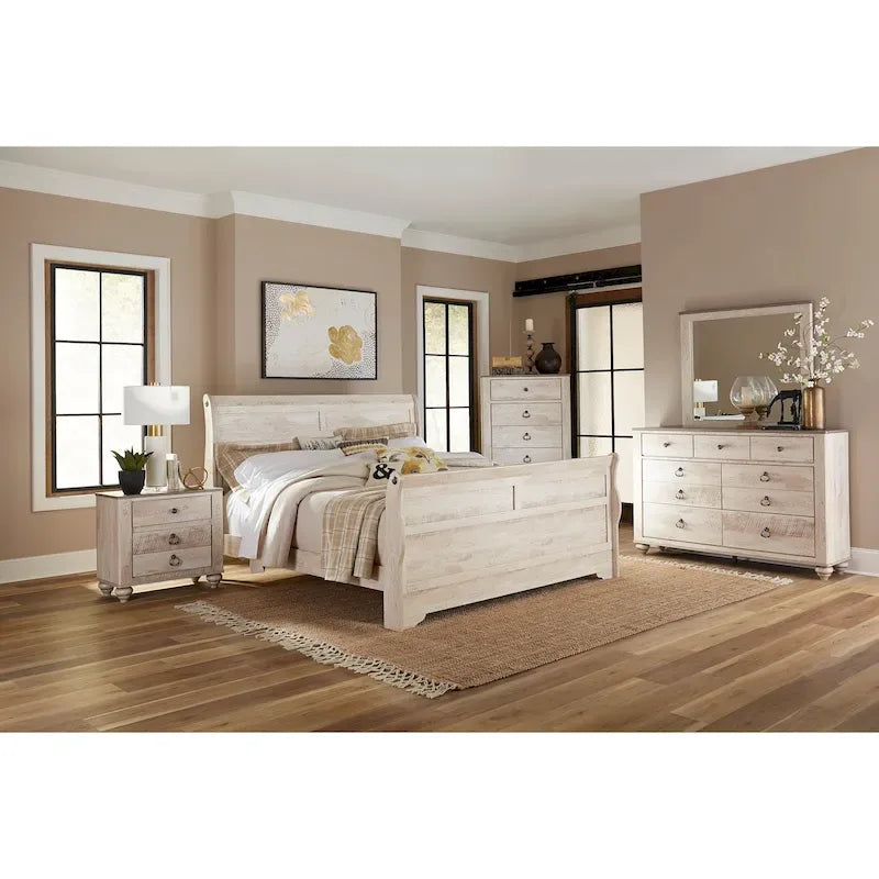 Ensemble de chambre à coucher Roundhill Furniture Imerland avec finition blanchie contemporaine, lit traîneau, commode, miroir, deux tables de chevet, chiffonnier