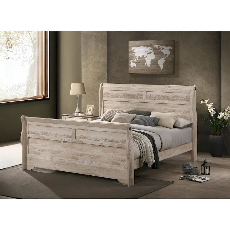 Ensemble de chambre à coucher Roundhill Furniture Imerland avec finition blanchie contemporaine, lit traîneau, commode, miroir, deux tables de chevet, chiffonnier