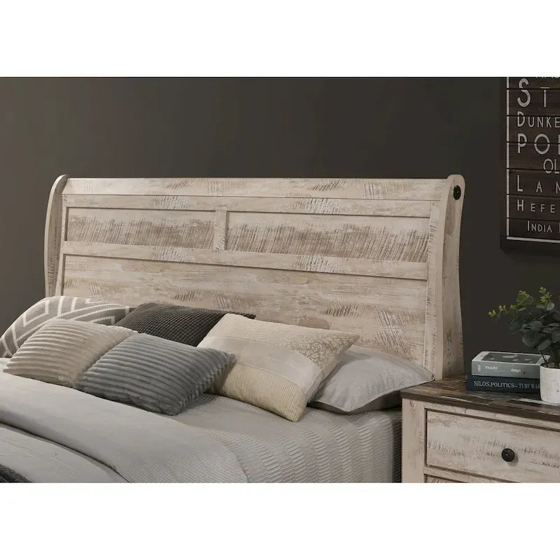 Ensemble de chambre à coucher Roundhill Furniture Imerland avec finition blanchie contemporaine, lit traîneau, commode, miroir, deux tables de chevet, chiffonnier