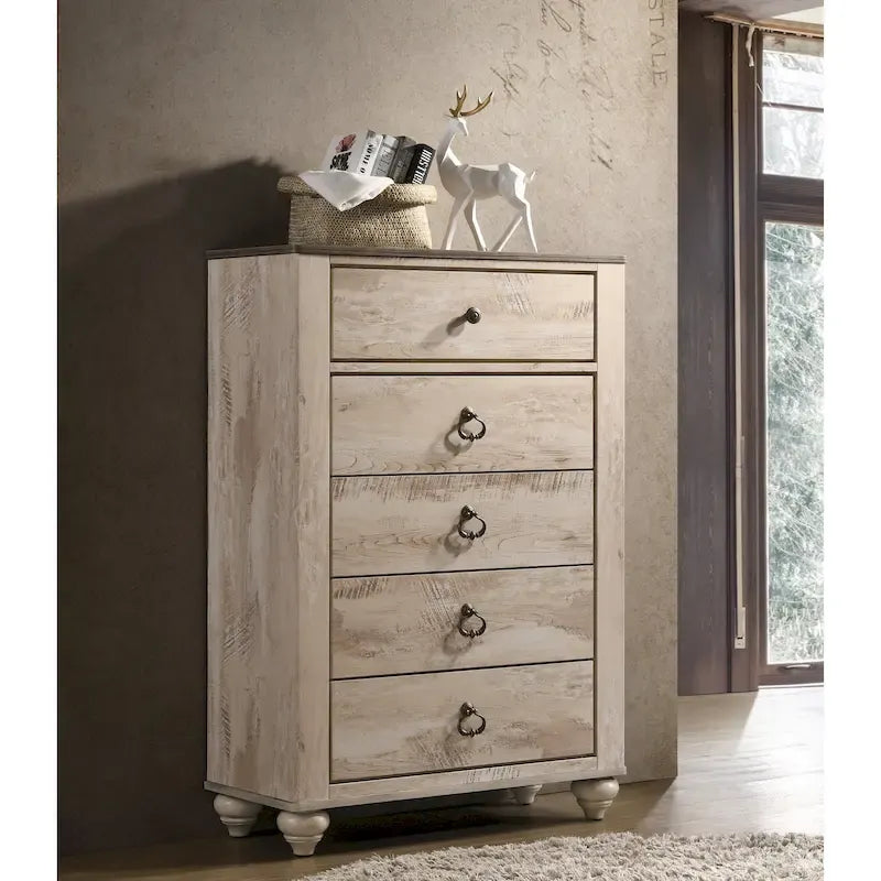 Ensemble de chambre à coucher Roundhill Furniture Imerland avec finition blanchie contemporaine, lit traîneau, commode, miroir, deux tables de chevet, chiffonnier