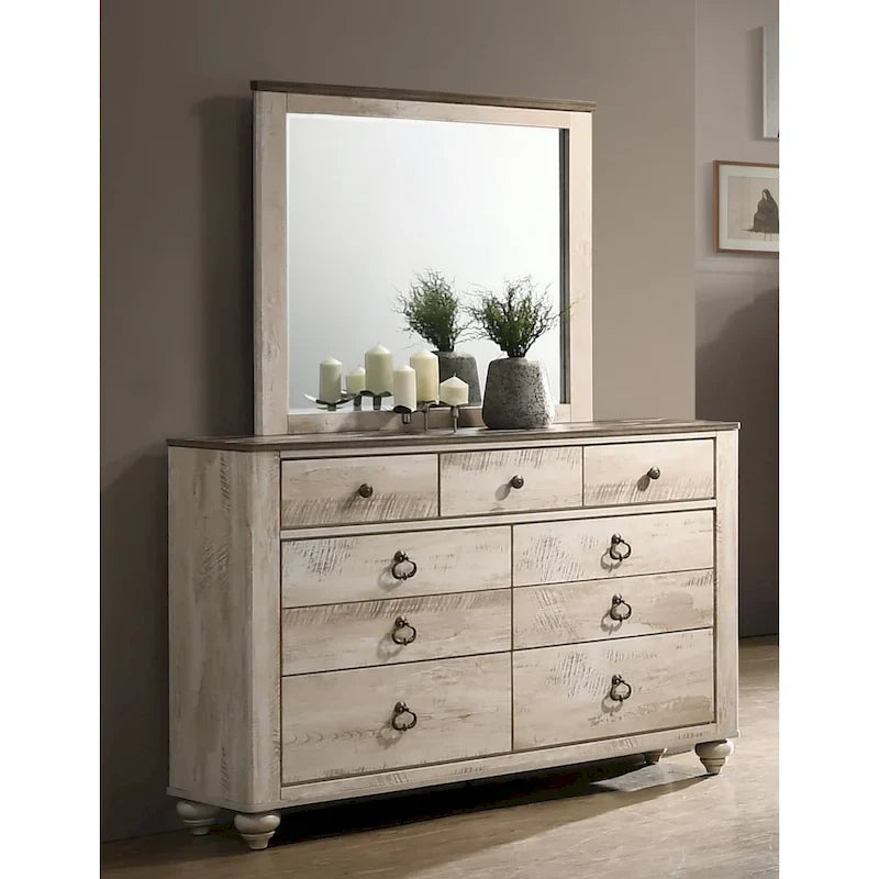 Ensemble de chambre à coucher Roundhill Furniture Imerland avec finition blanchie contemporaine, lit traîneau, commode, miroir, deux tables de chevet, chiffonnier