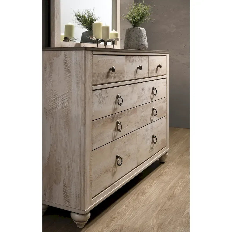 Ensemble de chambre à coucher Roundhill Furniture Imerland avec finition blanchie contemporaine, lit traîneau, commode, miroir, deux tables de chevet, chiffonnier